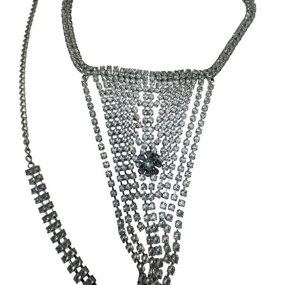Vintage 90s Crystal Rhinestone Body Chain Belt Thong Adjustable Chain Closure - Picture 3 of 10